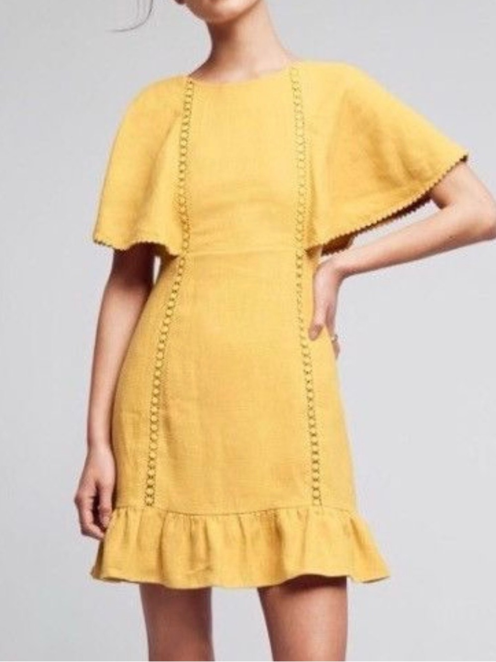 New Moon River Ruffle Mini Dress Mustard Yellow Linen Blend